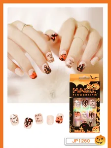 Halloween korte neppe nagels set, griezelige pompoen en kasteel kunstnagels voor feest decoratie.