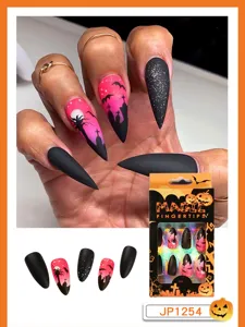 Halloween faux ongles press on longs stiletto ensemble avec motif citrouille et chauve-souris.