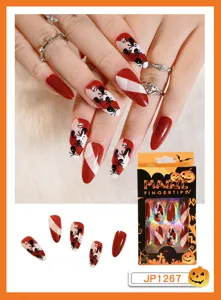Halloween faux ongles longs amande rouge blanc tête de mort kit art ongulaire femmes