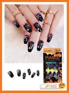 Halloween faux ongles long cercueil ensemble de faux ongles noir violet design gothique ongles