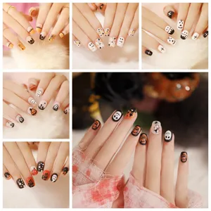 Halloween Valse Nagels Korte Druk Op Nagels Matte Geest Pompoen Spinnenweb Acryl Valse Nagels Nail Art Stickers