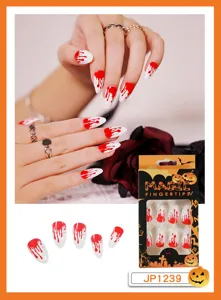 Faux ongles Halloween amande longue design goutte de sang ensemble d'ongles avec boîte