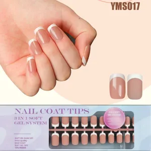 French manicure press-on false nail tips detail view with packaging box and natural finish.