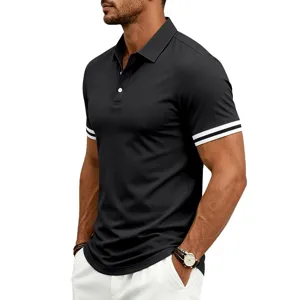 Men short sleeve casual polo shirt detail view, contrast stripe cuff and collar design.