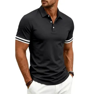 Men's summer casual short sleeve polo shirt with stylish striped cuffs and lapel.
