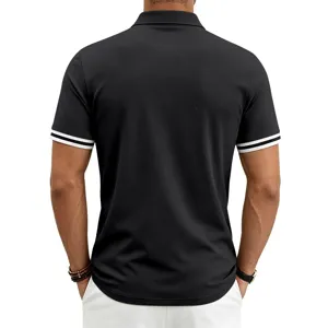 Men's casual short sleeve polo shirt with contrast striped cuffs slim fit summer top