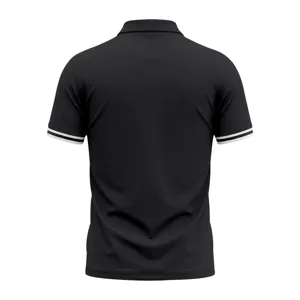 Detailed back view of men's black casual polo shirt featuring white contrast striped cuffs.