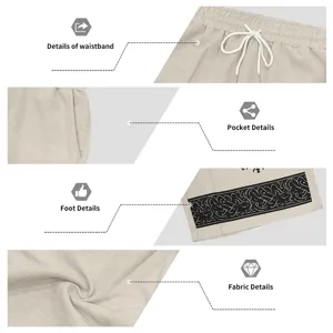 Mens casual linen-like shorts detail view showcasing waistband, pockets, and rune hem print.