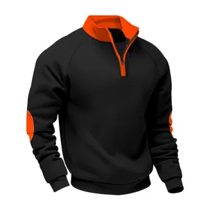 Men's heavyweight fleece quarter-zip sweatshirt in black with orange stand collar.
