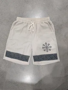 Men's casual linen-like rune printed beach shorts with drawstring and breathable design.