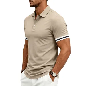 Men's casual slim fit short sleeve polo shirt in khaki with contrast striped cuffs and collar.