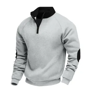 Men's casual grey fleece quarter-zip sweatshirt with black stand collar and elbow patches.