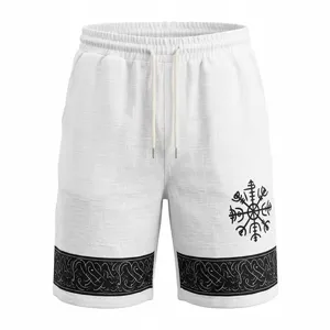 Weiße sommerliche Herren-Shorts in Leinenoptik mit nordischem Runen-Druck und Saumband.