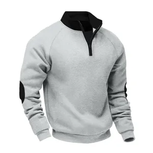 Men grey quarter zip sweatshirt detail, stand collar, contrast black elbow patch, fleece.