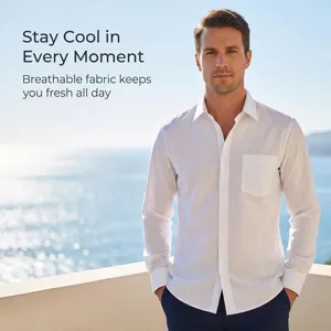 Camisa de manga larga transpirable para hombre detalle vista, tela blanca textura