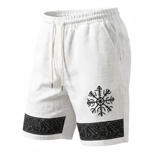 Herren weiße lässige Leinen-Shorts mit nordischem Runen-Print, Kordelzug und stilvollem Saum.