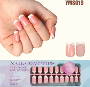 Detailed view of French press-on fake nails, removable nail tips set for easy DIY manicure.