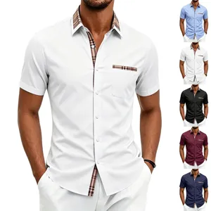 Men's short sleeve lapel button-down shirt with contrast plaid details for casual wear.