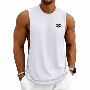 Men athletic sleeveless tank top detail, breathable gym workout shirt with chest logo print.