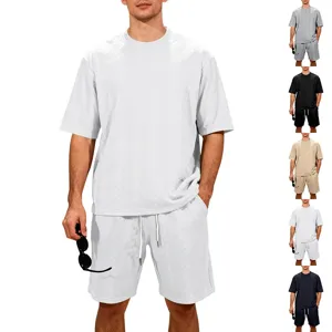 Men casual knit jacquard short sleeve t shirt and shorts set comfortable streetwear outfit.