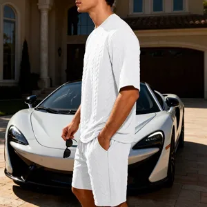 Men's luxury cable knit short sleeve shirt and shorts set, casual streetwear, white texture.