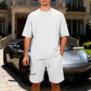 Men's casual knitted jacquard short sleeve and shorts set, high street loose streetwear.