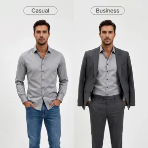 Detailed view of the stylish grey long-sleeve button-down shirt shown in casual and business styles.