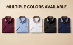 Men short sleeve casual business dress shirt featuring contrast plaid collar and pocket details