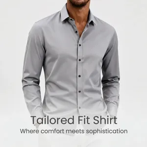 Men's stylish grey long sleeve tailored fit casual business dress shirt for daily wear