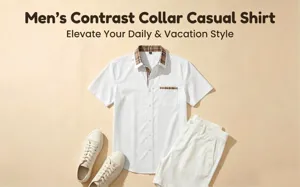Men's casual short sleeve shirt featuring contrast plaid collar and pocket detail, comfortable.