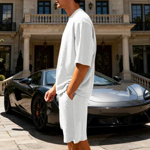 Men's Casual Knit Jacquard Short Sleeve T-Shirt and Shorts Set Relaxed Streetwear