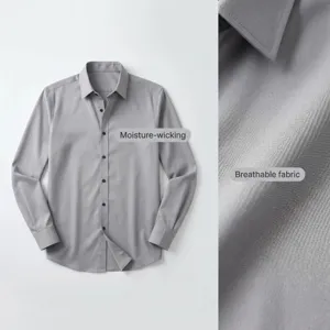 Classic men's long sleeve lapel casual business shirt detail view showing breathable grey fabric.