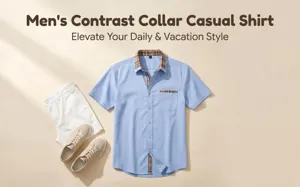 Men's casual short sleeve shirt featuring a stylish contrast plaid collar and pocket detail.