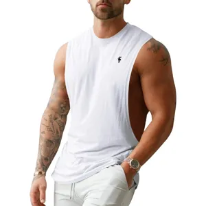 Men's athletic gym sleeveless tank top, loose fit bodybuilding workout vest in pure white.