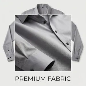 Close up detail shot of gray long sleeve shirt fabric, showing fine texture and buttons.