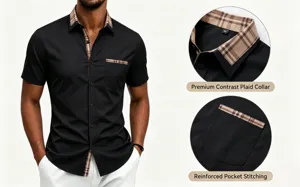 Men's Short Sleeve Dress Shirt Contrast Plaid Collar Casual Business Button Down Top