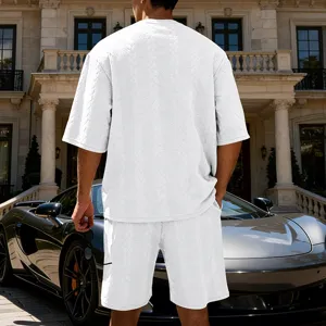 Men's casual knit jacquard short sleeve and shorts set lifestyle detail view white.