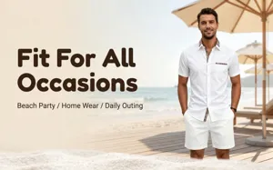 Men's casual short sleeve shirt with plaid trim collar detail and white shorts outfit.