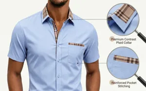 Men's short sleeve casual business dress shirt with contrast plaid collar and pocket detail.
