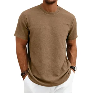 T-shirt homme col rond manches courtes en tricot texturé, haut décontracté été marron.