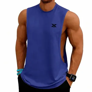 Detail view of men's athletic sleeveless vest featuring breathable fabric and bold side cuts.