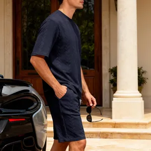 Men knit jacquard short sleeve shorts set casual streetwear summer outfit navy blue.