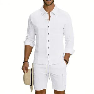 Men's casual summer linen long sleeve shirt and cargo shorts outfit set for resort wear.