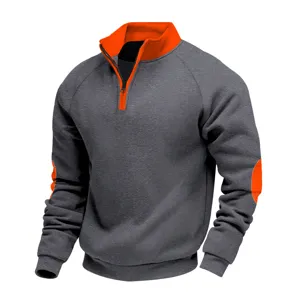 Men's heavy fleece-lined quarter-zip sweatshirt with contrast orange collar and patches.