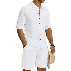 Men's summer casual linen long sleeve shirt and cargo shorts set for vacation beach wear.