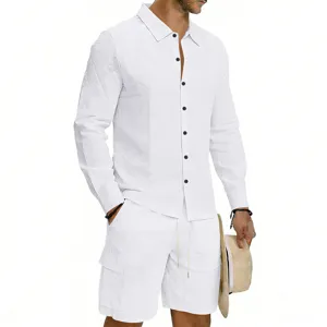 Close-up detail of white men's linen long sleeve shirt and casual cargo shorts set.