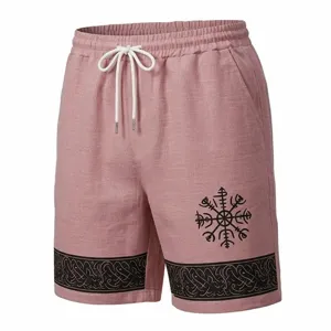 Herren lässige Leinenoptik Sommer Strand Shorts mit Wikinger Runen Druck und Kordelzug.
