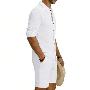 Close-up details of the white linen long-sleeve shirt and multi-pocket cargo shorts set.