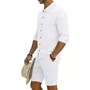 Close-up view of the men's white linen long-sleeve shirt and cargo shorts set, breathable.
