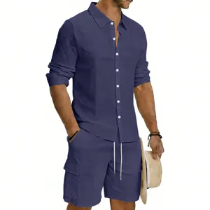 Mens linen long sleeve shirt cargo shorts set summer casual beach vacation two piece outfit